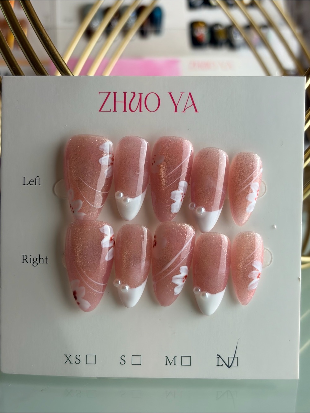 ZHUO YA Pink Nude Pearl French Tip Press-On Nails Large